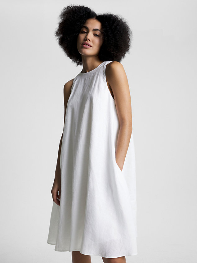 white relaxed fit-and-flare-kleid aus leinen für damen - tommy hilfiger