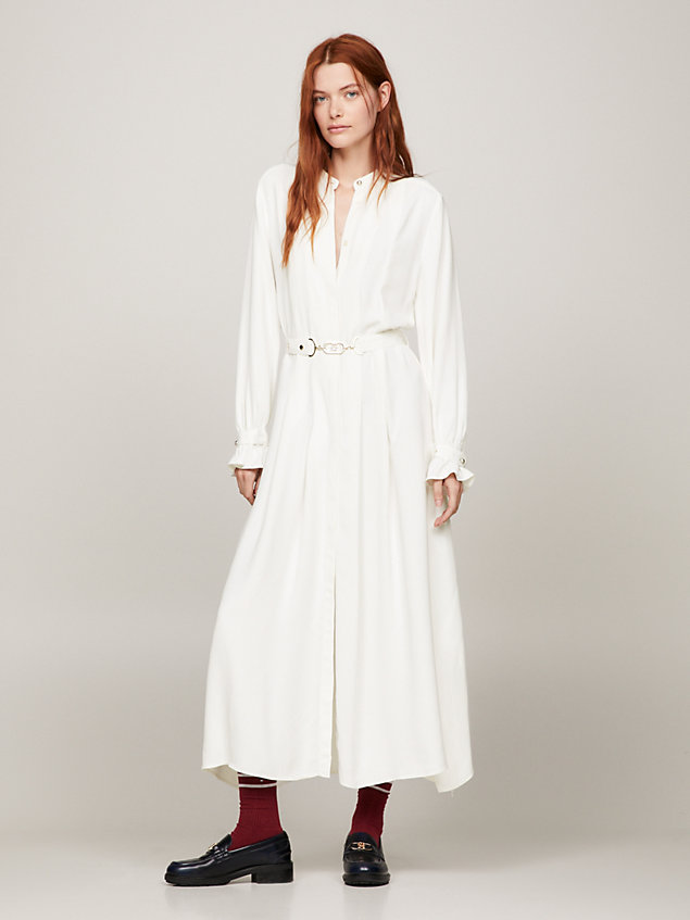 white pleated belted horsebit maxi shirt dress for women tommy hilfiger