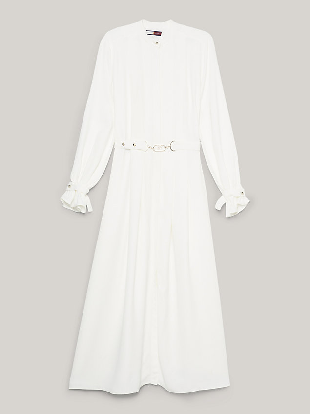 white maxi-hemdkleid mit falten und horsebit-gürtel für damen - tommy hilfiger