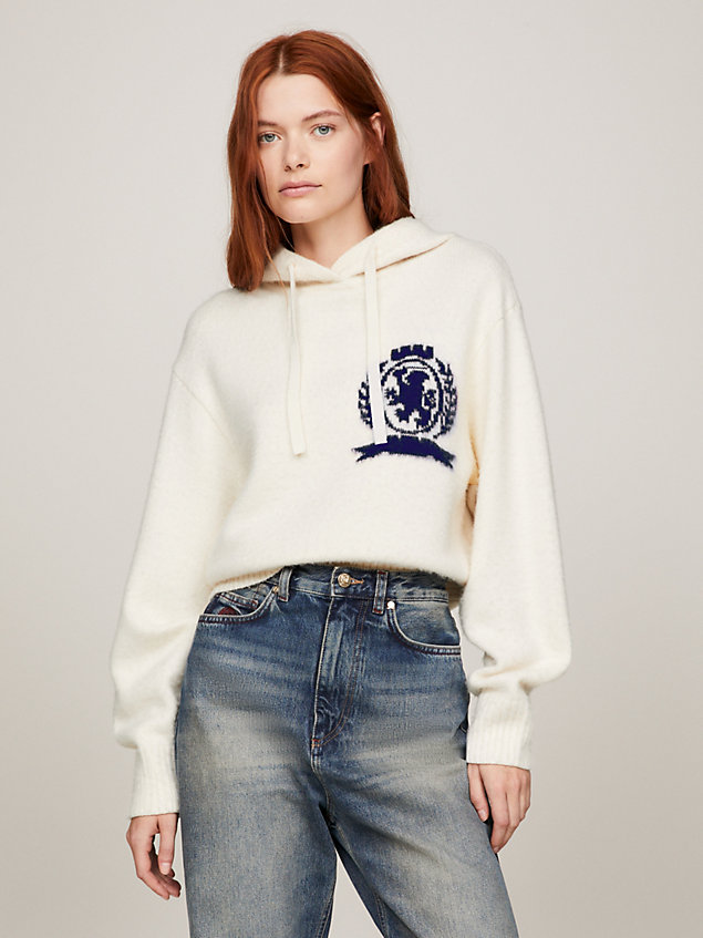 white relaxed gebreide hoodie van wol met embleem voor dames - tommy hilfiger