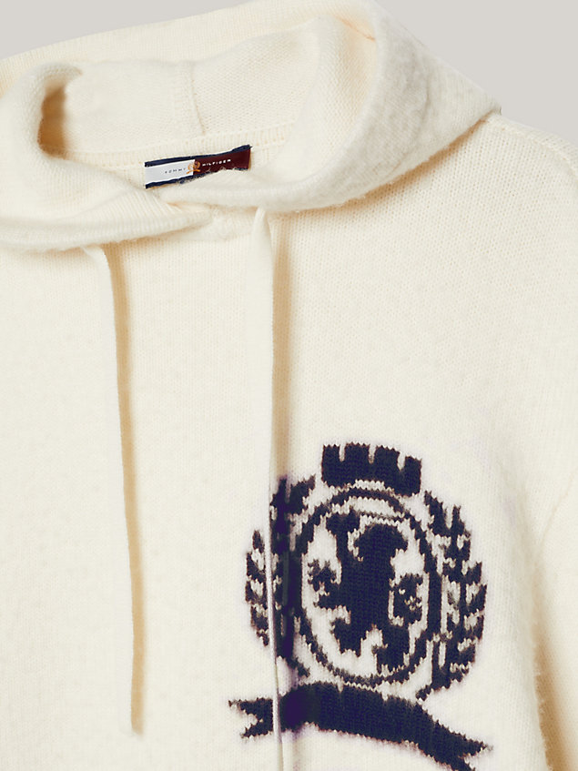 white relaxed gebreide hoodie van wol met embleem voor dames - tommy hilfiger