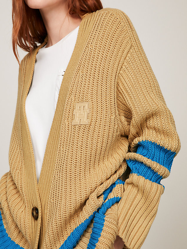 beige crest stripe relaxed button cardigan for women tommy hilfiger