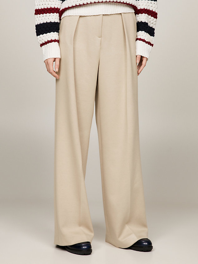 beige crest relaxed wide leg jersey trousers for women tommy hilfiger