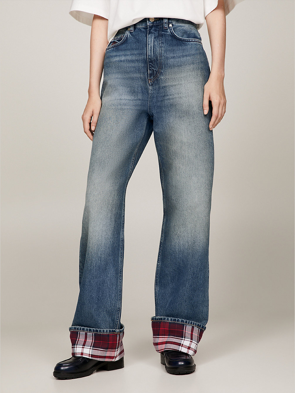 blue crest relaxed tartan turn-up jeans for women tommy hilfiger
