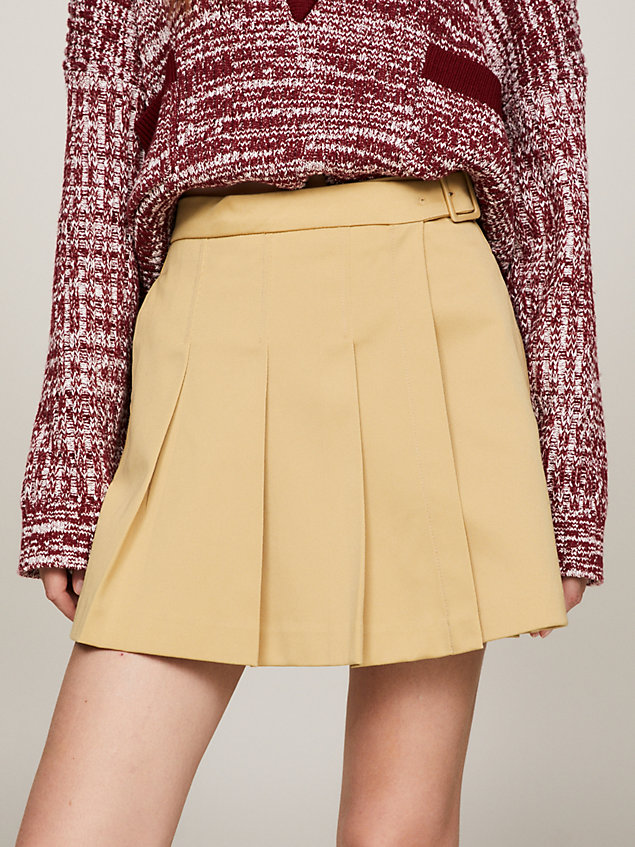 beige flare pleated belted chino mini skirt for women tommy hilfiger