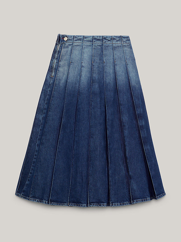 blue crest pleated denim flared maxi skirt for women tommy hilfiger