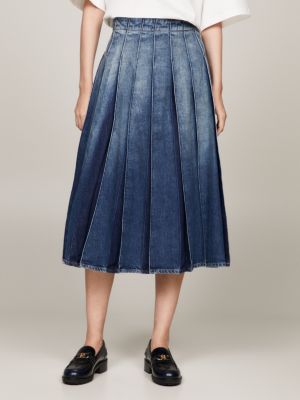 Crest Pleated Denim | Flared | Maxi Hilfiger Blue Skirt Tommy