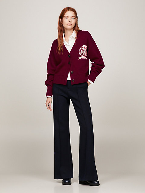 red crest relaxed letterman wool cardigan for women tommy hilfiger
