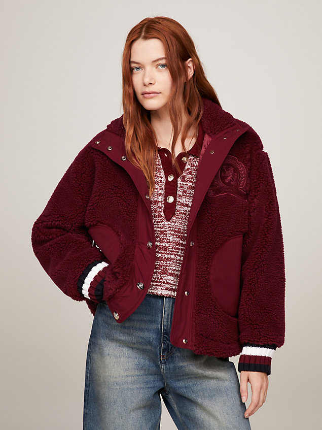 red crest faux fur relaxed varsity jacket for women tommy hilfiger