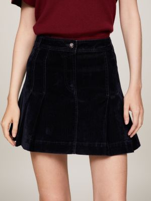 Denim Velvet Pleated Flare Mini Skirt, Blue