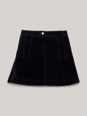 Denim Velvet Pleated Flare Mini Skirt, Blue