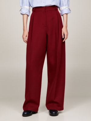 Textured Wool Chino Wide Leg Trousers, Red