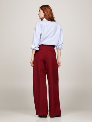 Textured Wool Chino Wide Leg Trousers, Red