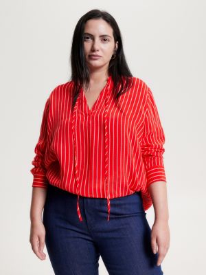 Curve Stripe V-Neck Regular Fit Blouse | RED | Tommy Hilfiger