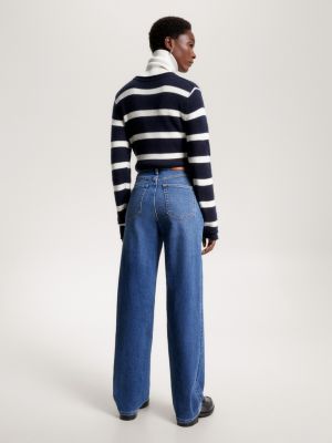 High Waisted Denim Waist Relaxed Straight Leg Pant