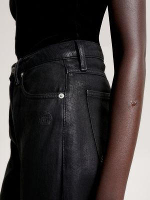 High Rise Tapered Coated Black Jeans, Denim