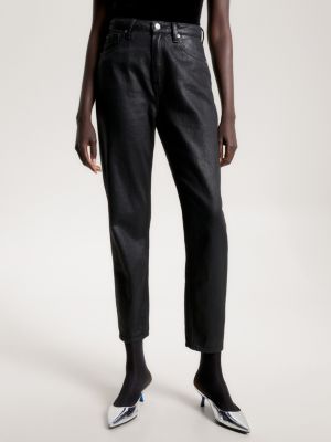 Khaki Brown Belted Tapered Pants in Shiny Coated Denim