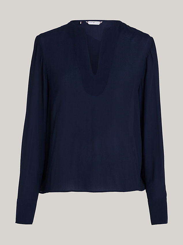 blue relaxed fit krepp-bluse mit v-ausschnitt für damen - tommy hilfiger