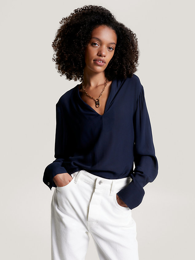 blusa relaxed fit in crêpe con scollatura a v blue da donna tommy hilfiger