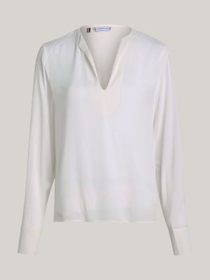 Relaxed Fit Krepp-Bluse mit Hilfiger V-Ausschnitt Weiß | Tommy 