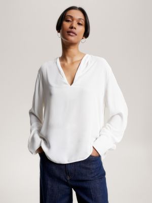 Crepe V Neck Relaxed Blouse White Tommy Hilfiger