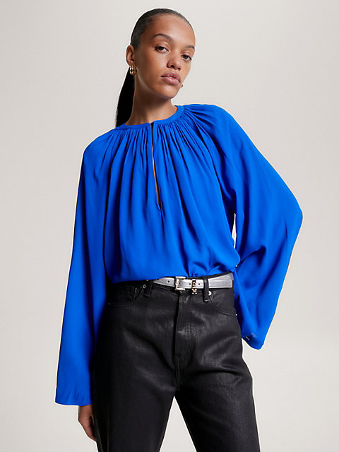 blue gathered oversized crepe blouse for women tommy hilfiger
