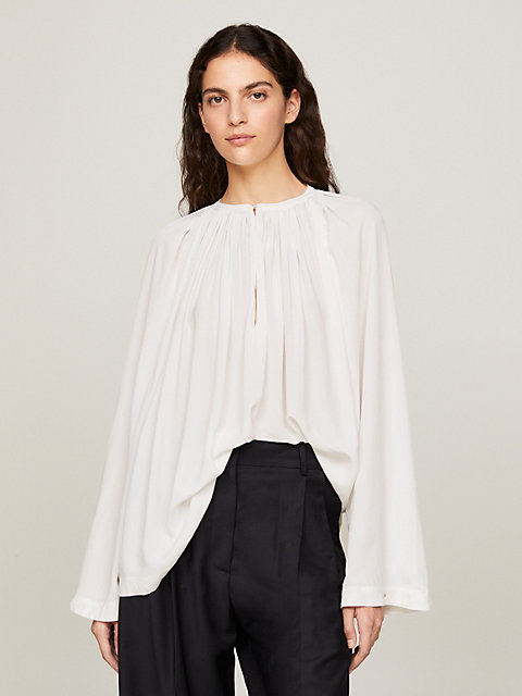 white gathered oversized crepe blouse for women tommy hilfiger