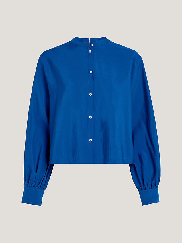 blue collarless textured cropped shirt for women tommy hilfiger