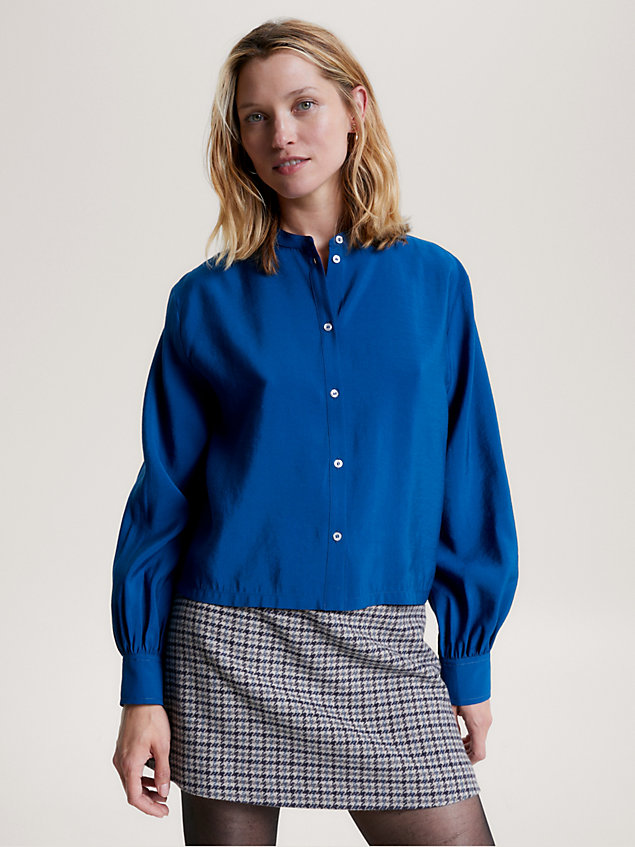 blue collarless textured cropped shirt for women tommy hilfiger
