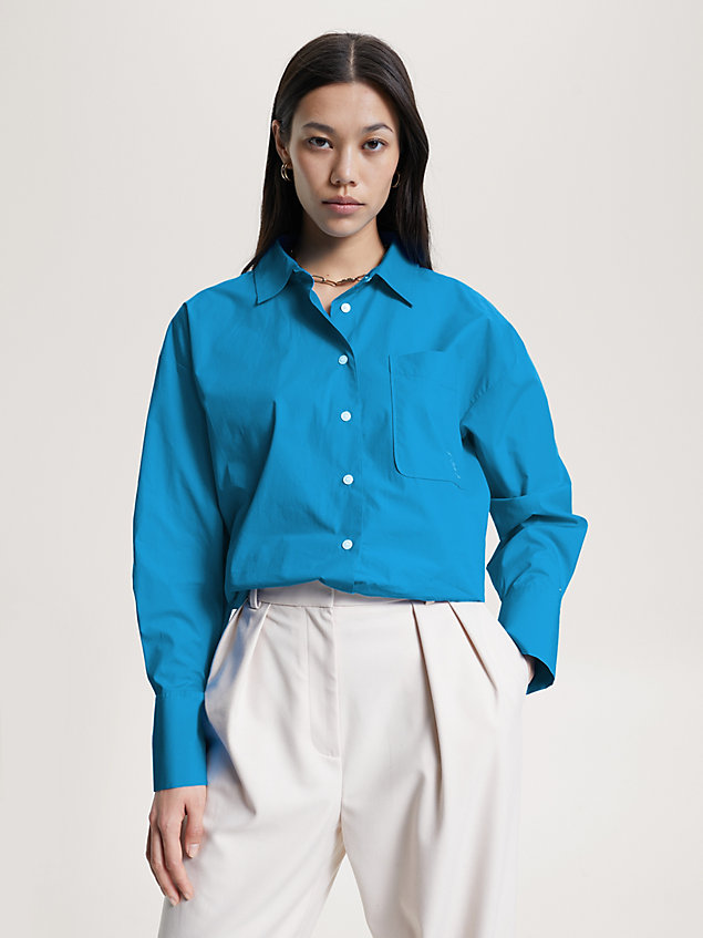 blue th monogram oversized fit shirt for women tommy hilfiger