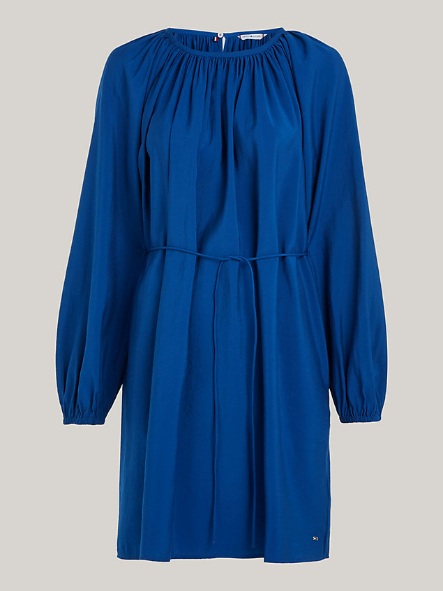 blue knielange fit and flare-jurk met lange mouwen en reliëf voor dames - tommy hilfiger