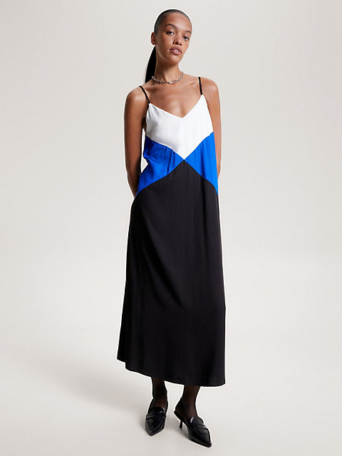 blue argyle relaxed colour-blocked maxi slip dress for women tommy hilfiger