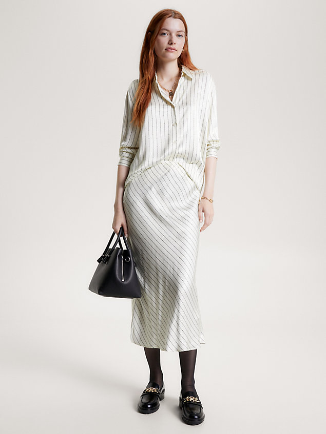 white stripe satin bodycon midi skirt for women tommy hilfiger