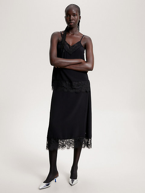black spódnica midi wykończona kwiatową koronką dla kobiety - tommy hilfiger