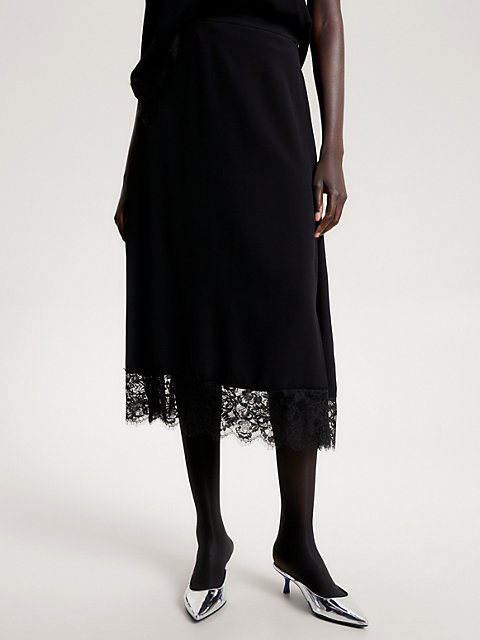 black spódnica midi wykończona kwiatową koronką dla kobiety - tommy hilfiger