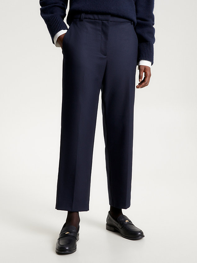 blue slim fit straight leg trousers for women tommy hilfiger