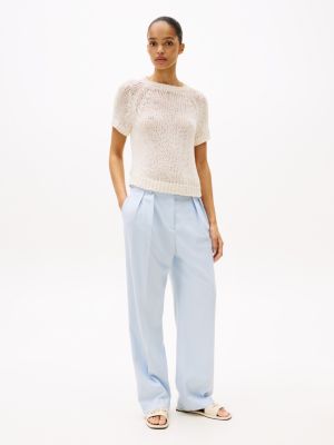 blue relaxed straight leg trousers for women tommy hilfiger