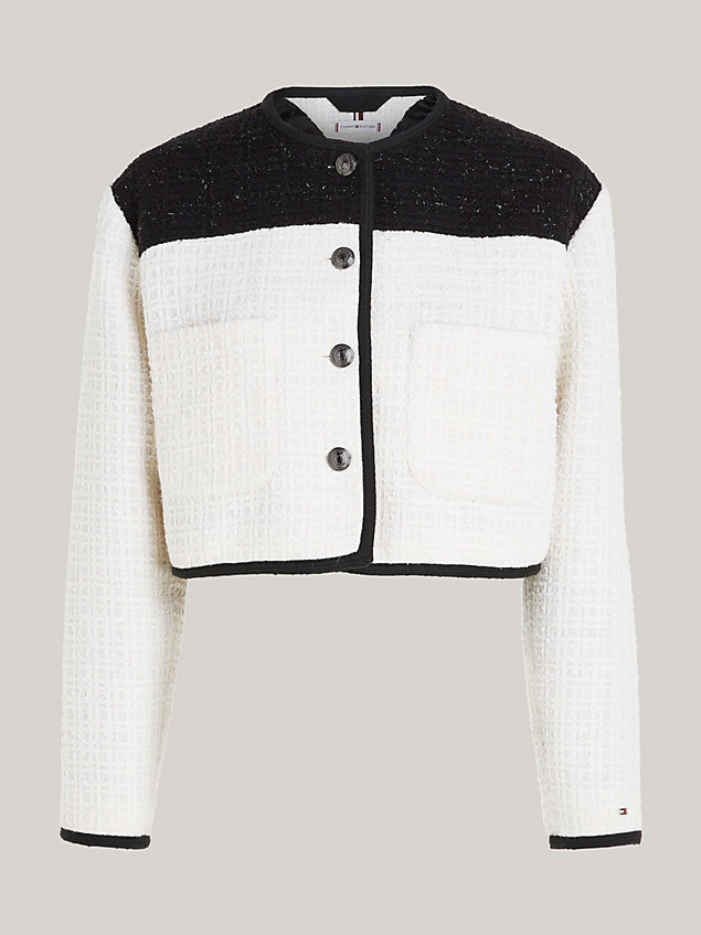 white tweed collarless cropped blazer for women tommy hilfiger