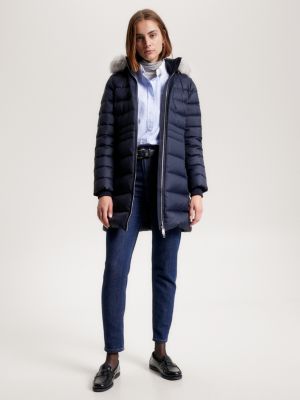 Doudoune longue capuche en fausse fourrure Bleu Tommy Hilfiger