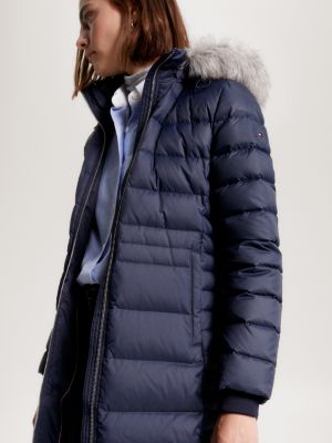 Doudoune longue capuche en fausse fourrure Bleu Tommy Hilfiger