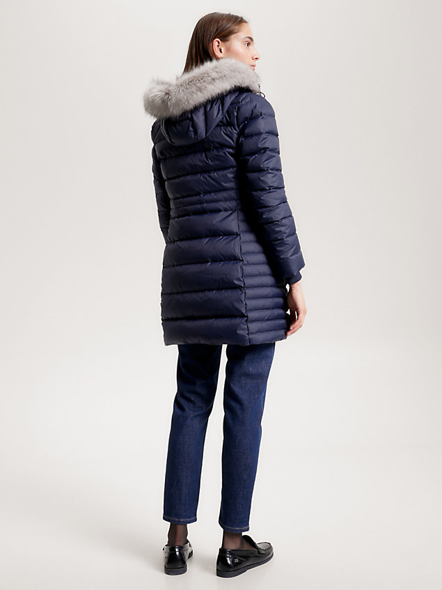 blue down-filled faux fur hood coat for women tommy hilfiger