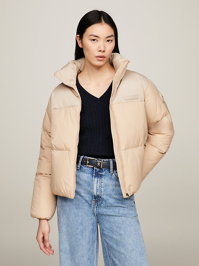 beige recycled relaxed new york puffer jacket for women tommy hilfiger