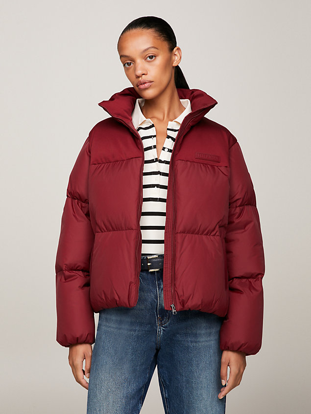 red recycled relaxed new york puffer jacket for women tommy hilfiger
