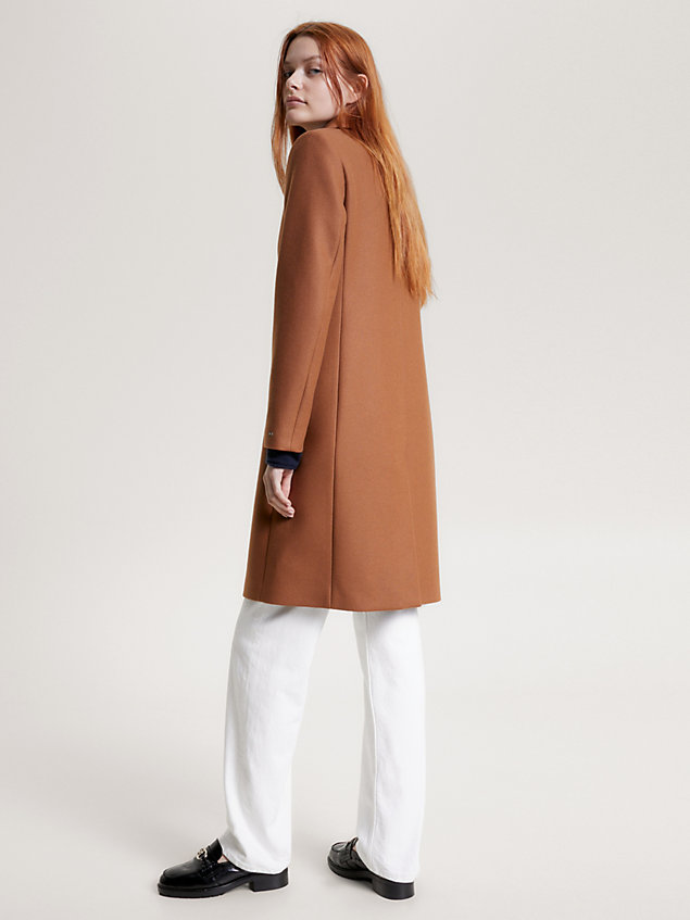 brown jednorzędowy wełniany płaszcz classics dla kobiety - tommy hilfiger