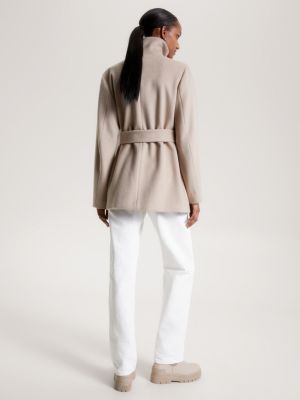 Double-Breasted Funnel Neck Belted Wool Jacket | Beige | Tommy Hilfiger