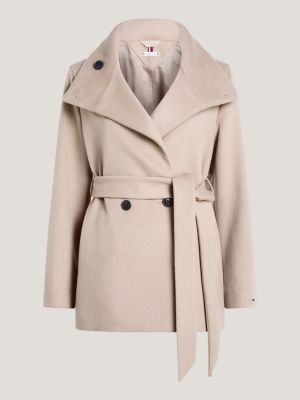 Double-Breasted Funnel Neck Belted Wool Jacket | BEIGE | Tommy Hilfiger