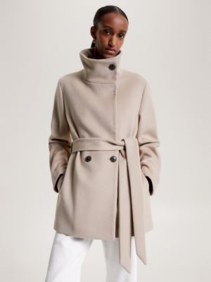 Double Breasted Funnel Neck Belted Wool Jacket Beige Tommy