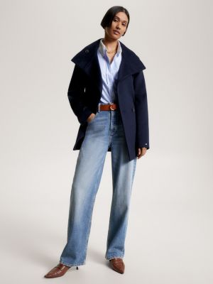 Double Breasted Funnel Neck Belted Wool Jacket Blue Tommy Hilfiger