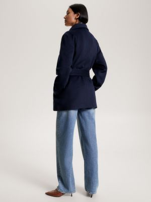 Double-Breasted Funnel Neck Belted Wool Jacket | Blue | Tommy Hilfiger