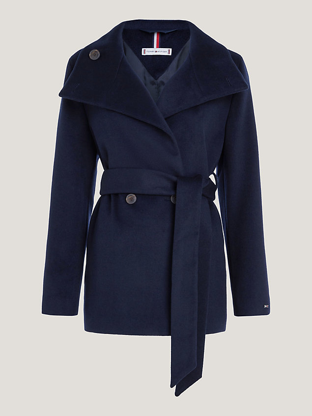 blue double-breasted funnel neck belted wool jacket for women tommy hilfiger